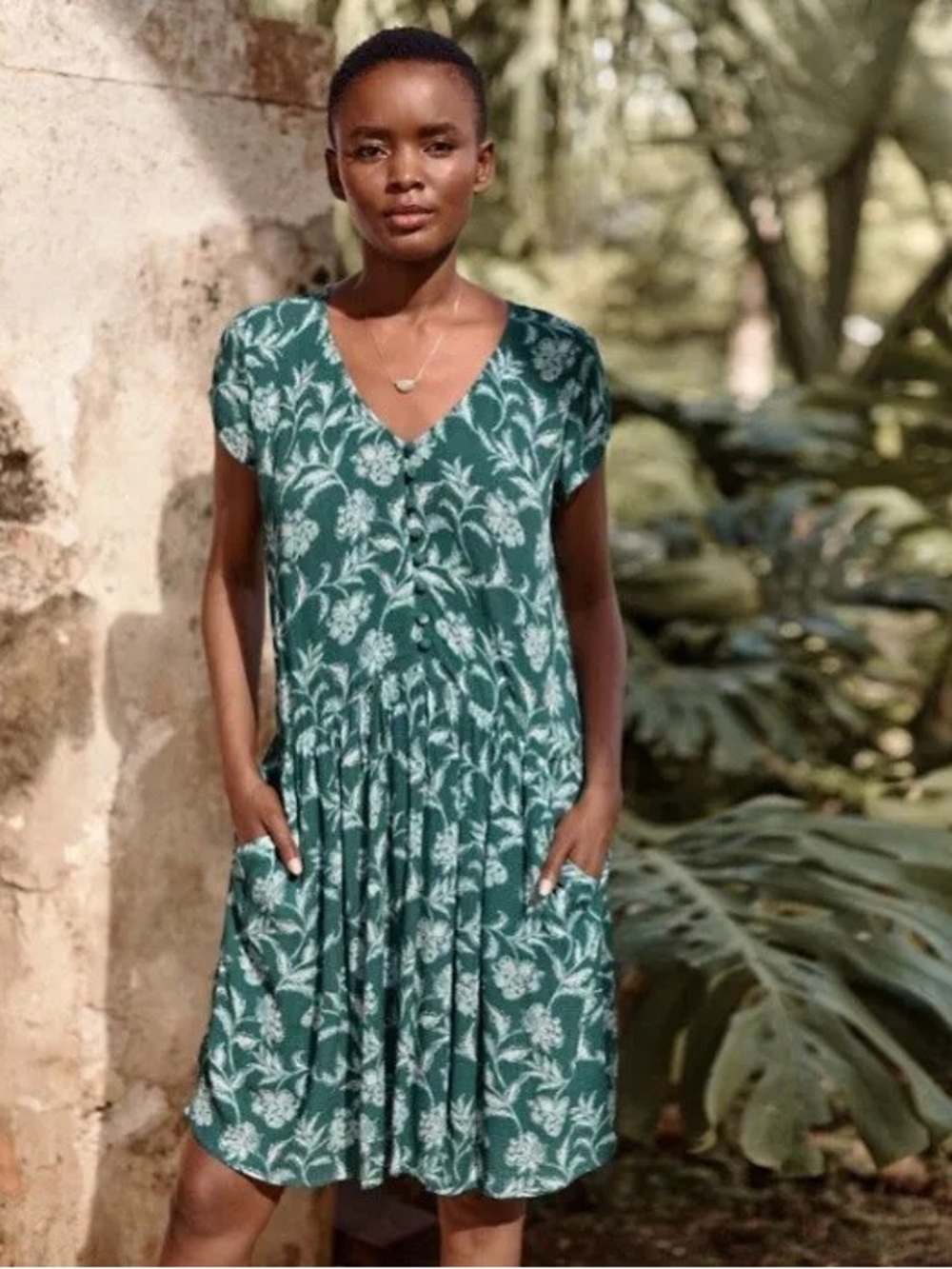 Garnet Hill Marina Crepe Dress Viscose Green Floral Size Medium